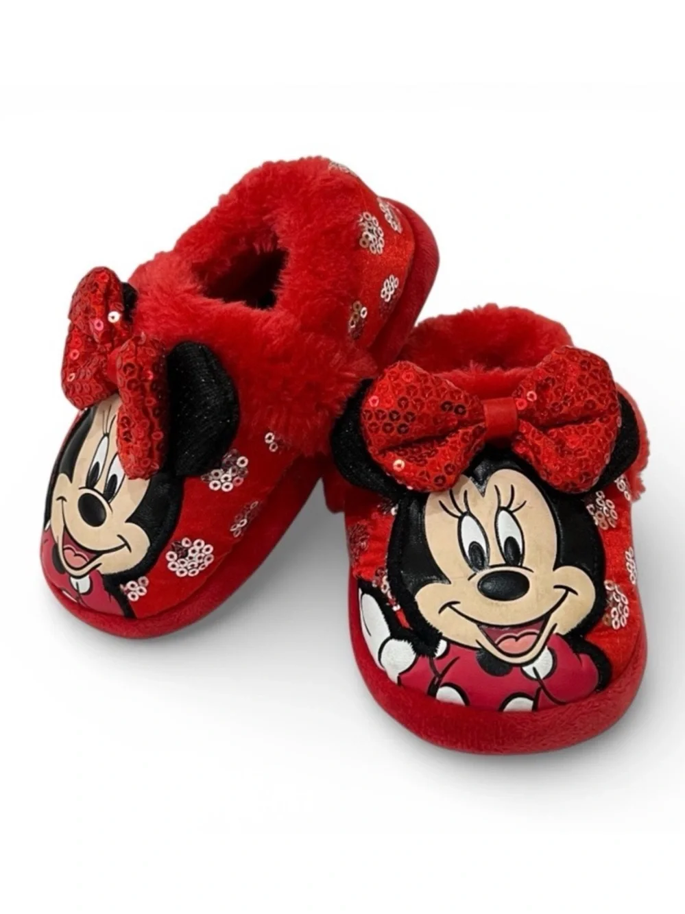 Disney Minnie Mouse Red Plush Sequin Slippers Size 5-6